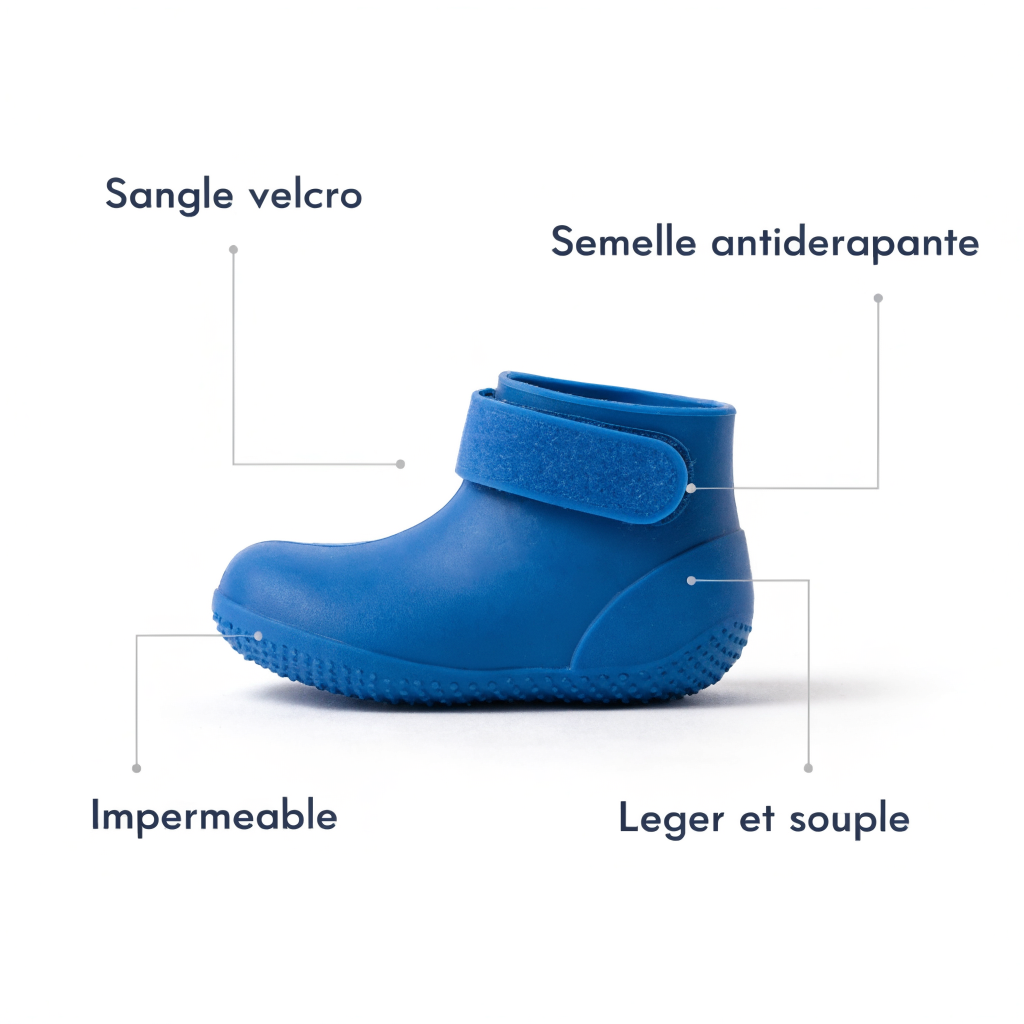 Caractéristiques des chaussons SûrePatte : sangle velcro, semelle antidérapante, imperméable, léger et souple