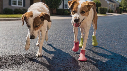 Chien sans bottes qui hésite sur le goudron brûlant vs chien avec chaussons SûrePatte qui marche tranquillement